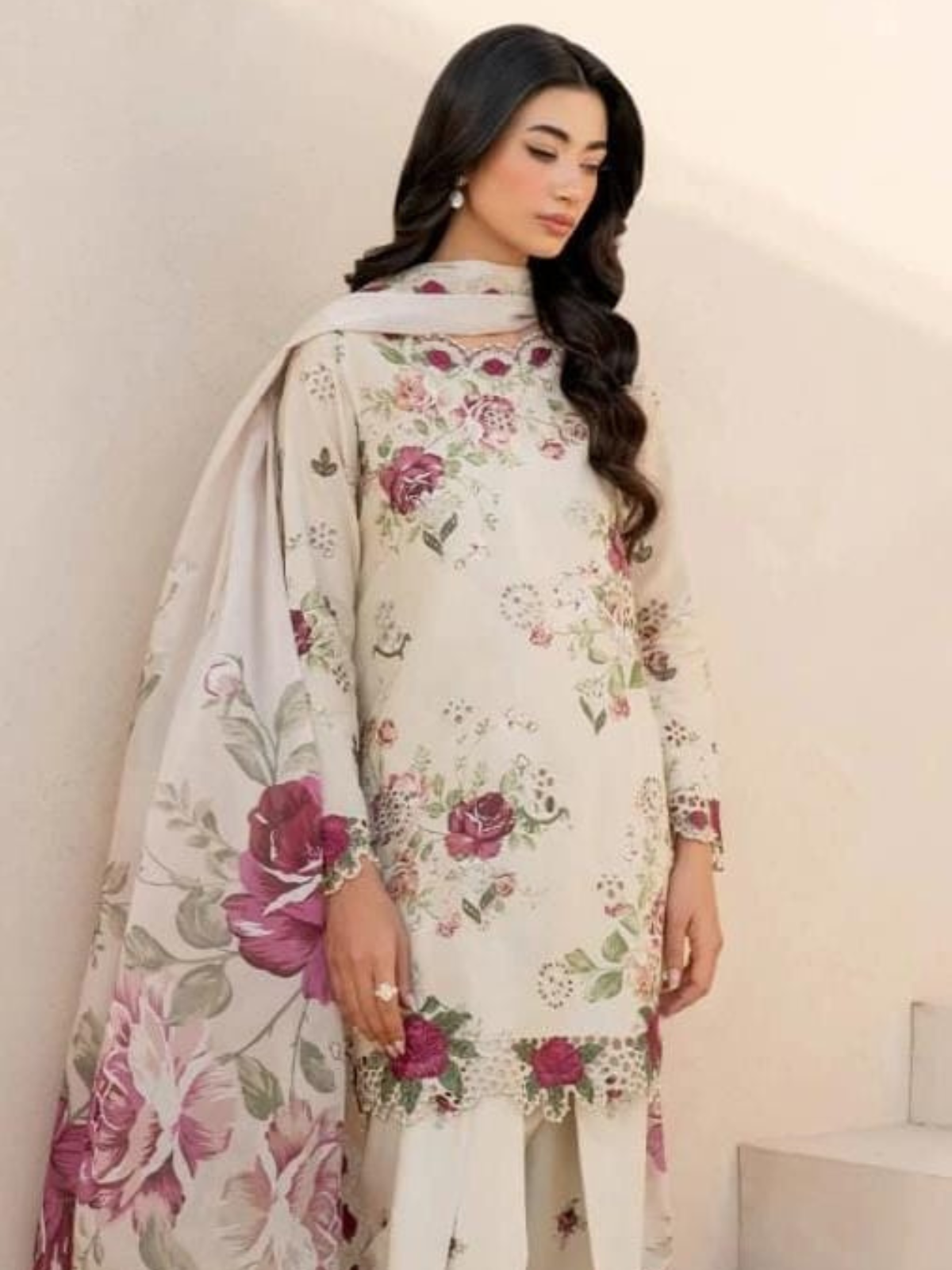 3 Piece | Cream Flora | Printed Stitched