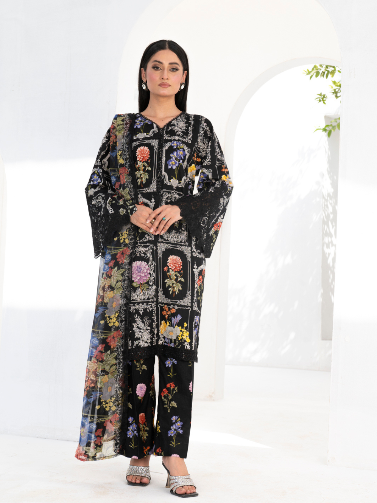 3 Piece | Black Flora | Embroidered Stitched