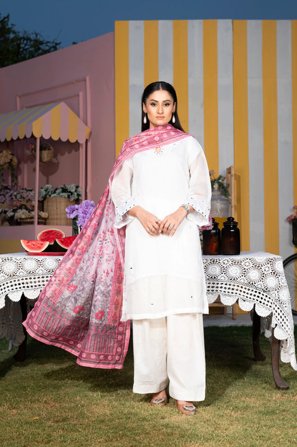 3 Piece | Net White | Khadi Net Stitched
