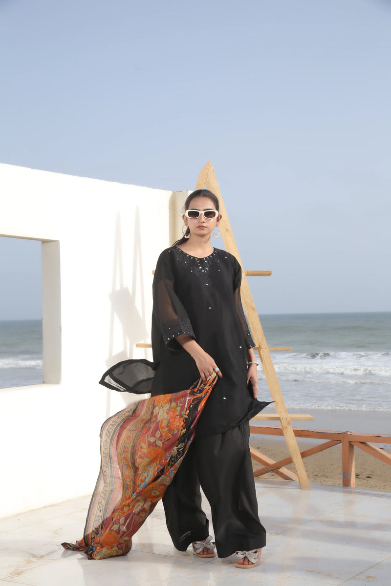 3 Piece | Net Black | Khadi Net Stitched