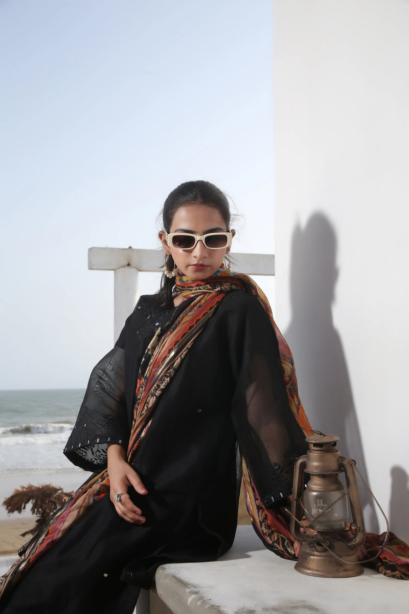 3 Piece | Net Black | Khadi Net Stitched