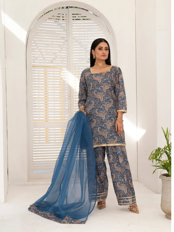 3 Piece | Blowsi Blue | Printed Gota Work Stitched