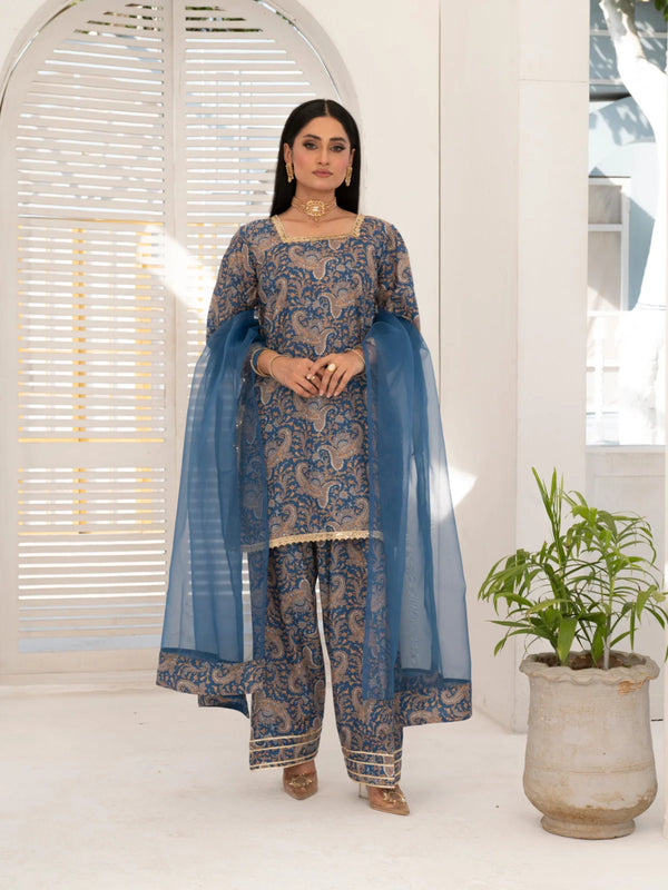 3 Piece | Blowsi Blue | Printed Gota Work Stitched