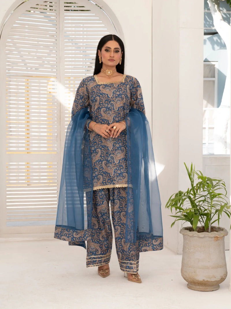 3 Piece | Blowsi Blue | Printed Gota Work Stitched