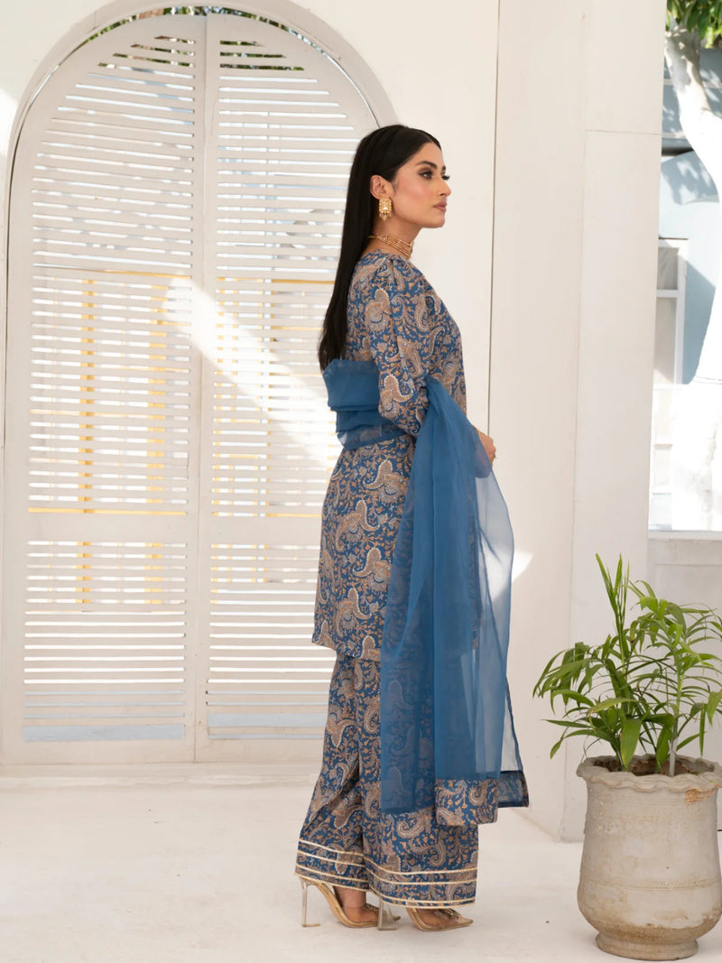 3 Piece | Blowsi Blue | Printed Gota Work Stitched