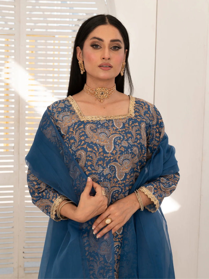 3 Piece | Blowsi Blue | Printed Gota Work Stitched