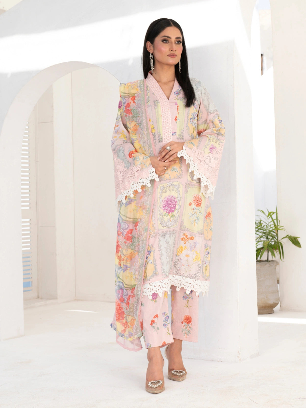 3 Piece | Powder Pink | Embroidered  Stitched