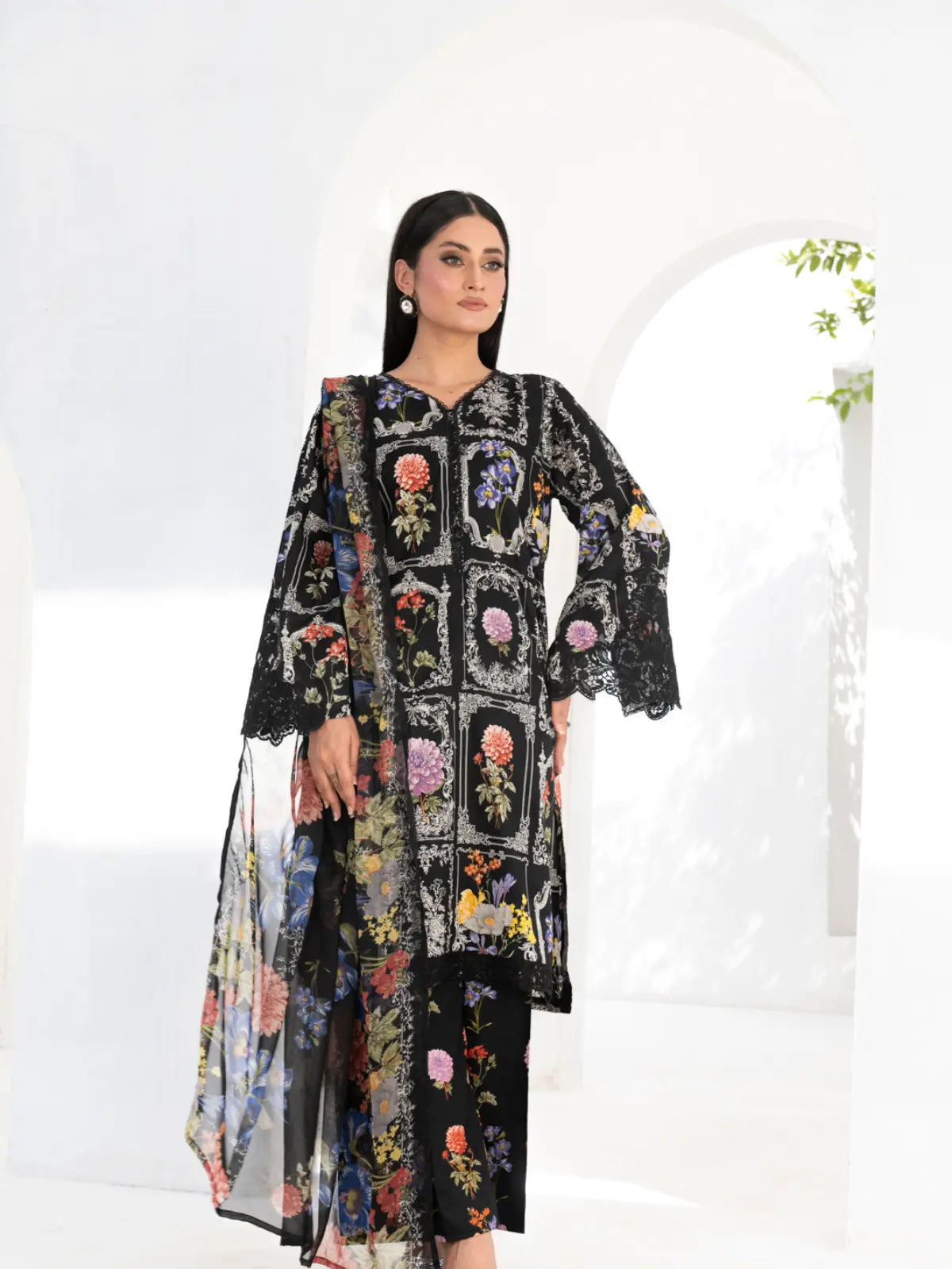 3 Piece | Black Flora | Embroidered Stitched