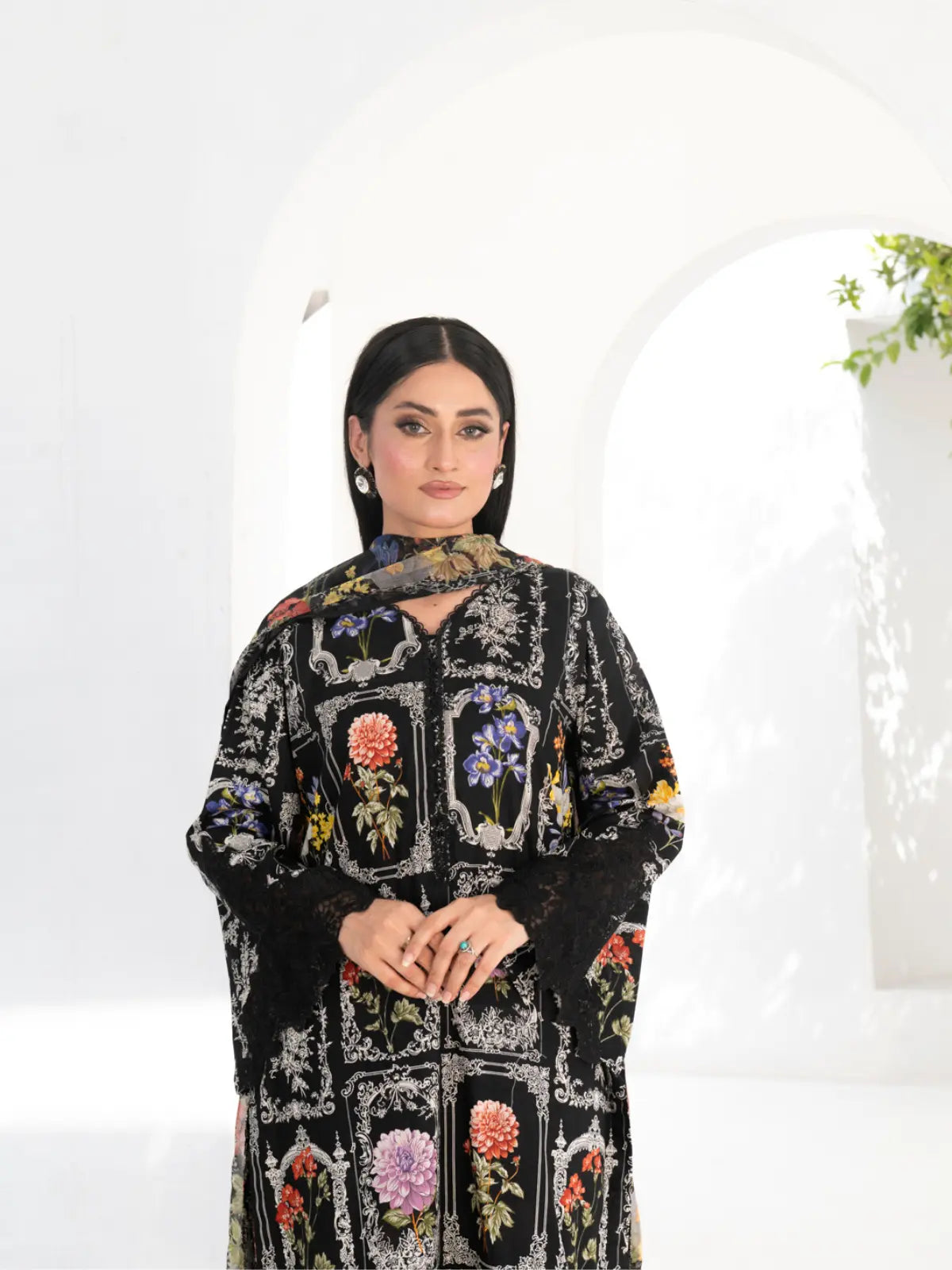 3 Piece | Black Flora | Embroidered Stitched