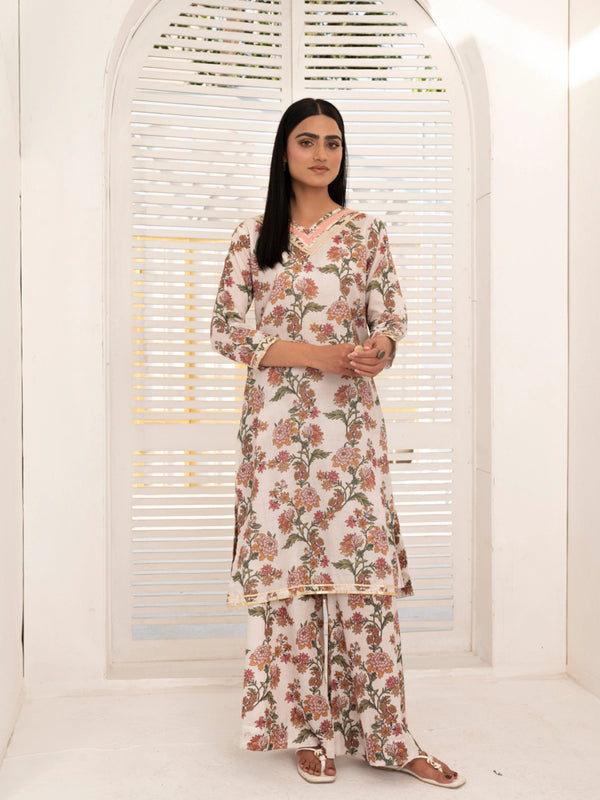 2 Piece | Beige Flora | Printed Gota Work