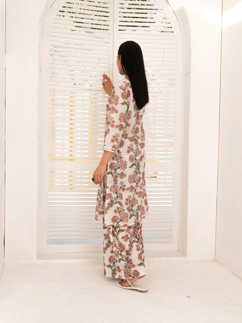 2 Piece | Beige Flora | Printed Gota Work