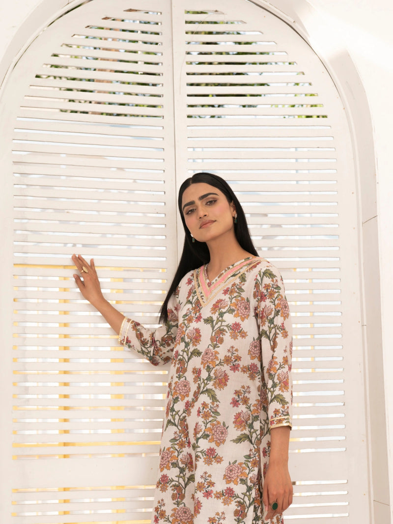 2 Piece | Beige Flora | Printed Gota Work
